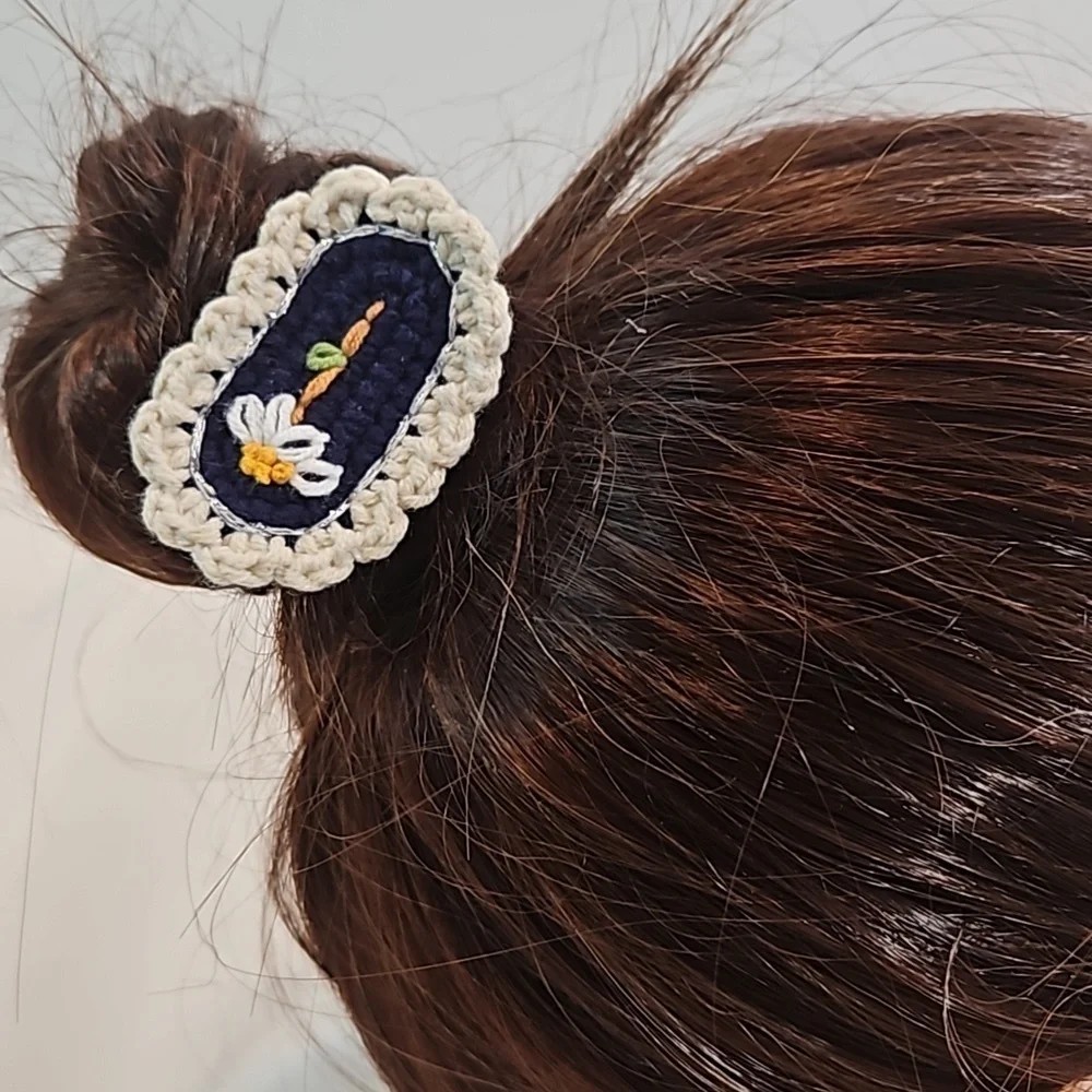 Hand Crafted Hand Knit Crochet Hair Clip Handmade Navy Blue  embroidered flower